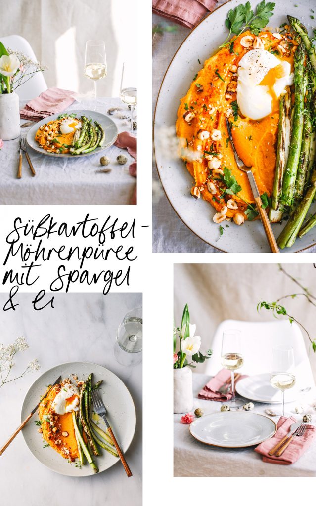 Süßkartoffel-Möhrenpüree mit Spargel und Ei